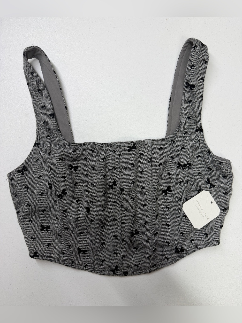 Altar’d State Cleo Velvet Bow Corset Crop Top Size M Grey Herringbone NWT